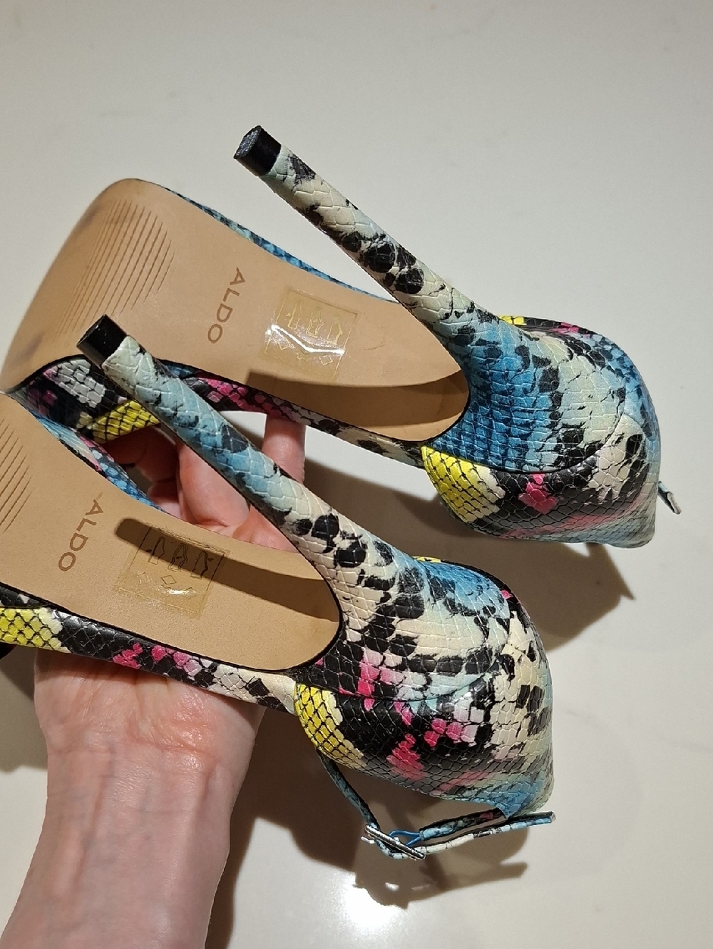 Aldo Leather Rainbow-print Snakeskin Platform Strappy Heeled Sandals (Size US 6) - Picture 5 of 8